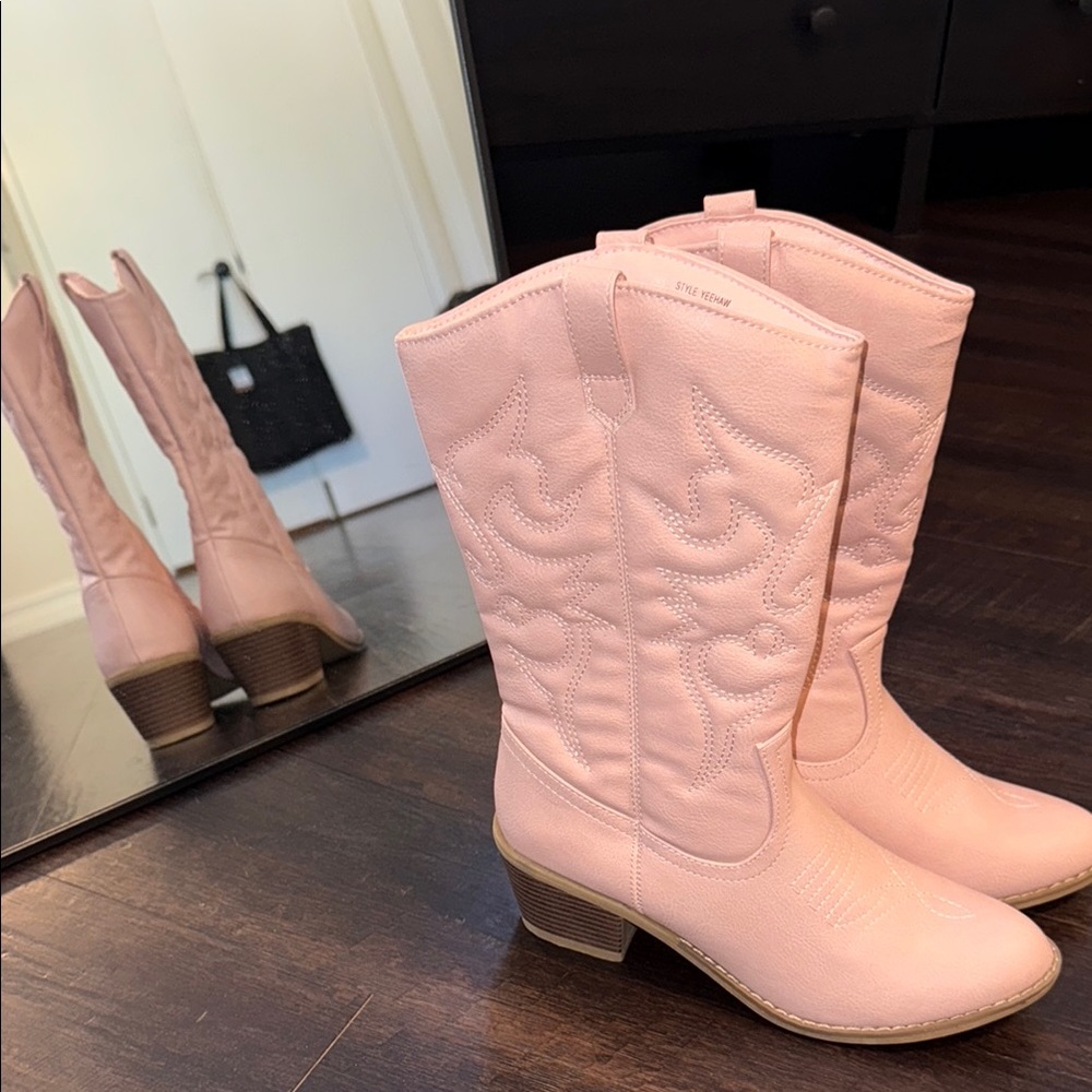 Amazon Pink Heeled Boots with Western Stitching